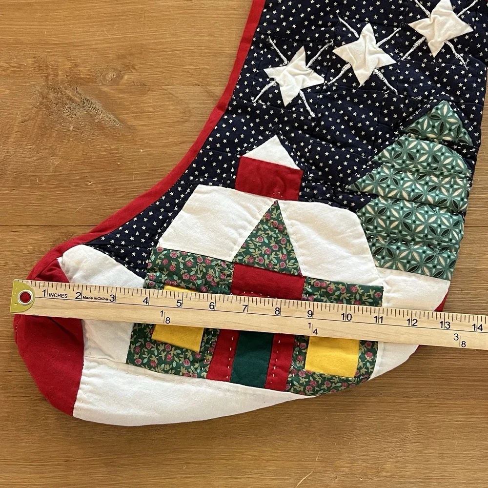 Quilted Christmas Stocking Patchwork Cottage Stars Farmhouse Holiday Decor